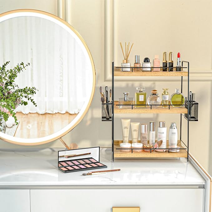 3 Tier Bathroom Counter Organizer with Side Baskets, Wood Countertop Vanity Shelf,Sturdy Metal Frame fits Tall Bottles - Image 7