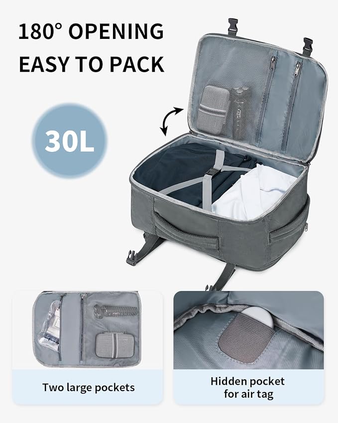 ECOHUB Travel Backpack for Men, 18x14x8 Frontier Airlines Personal Item Bag with Clear Toiletry Bag, Laptop Carry on Backpack with USB Port, Airline Approved Under Seat 14 Pockets 30L, Grey - Image 4