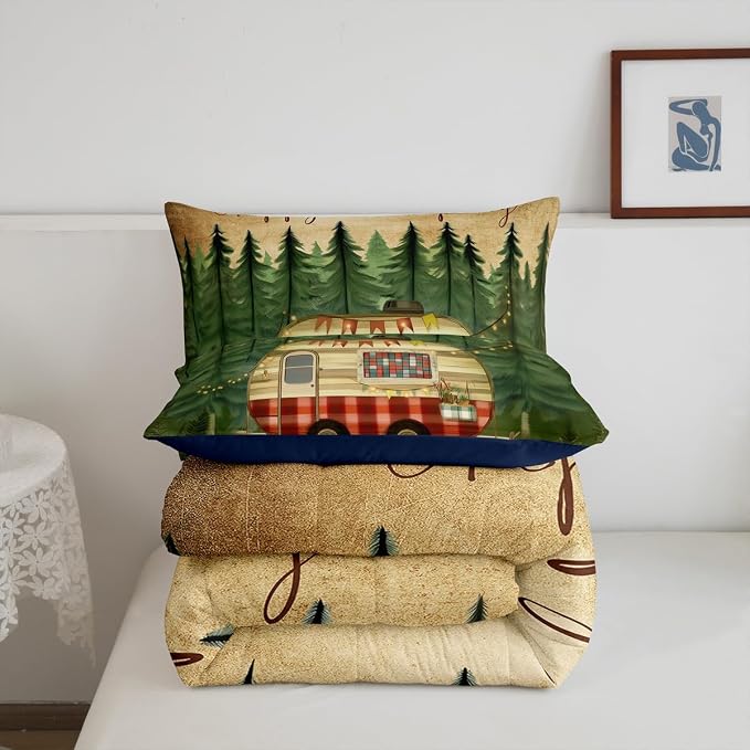 Erosebridal RV Camper Comforter Set for Kids Boys Girls,Camper Themed Bedding Set Full,Mountain Woodland Jungle Bedding Comforter Sets,Farm Wood Barn Camping Duvet Insert with 2 Pillowcases - Image 6