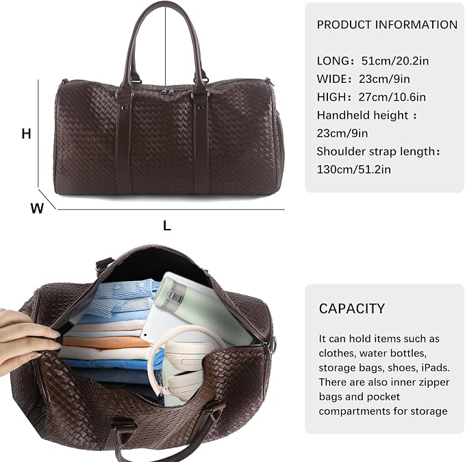 Weekender Bag for Women Men Water-resistant Gym Tote, Leather Woven Travel Duffel Bags with Shoe Compartment - Image 5