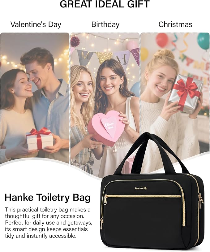 Hanke Hanging Travel Toiletry Bag for Women, Water-Resistant Makeup Organizer with Hook, Cosmetic Bag for Bathroom & Travel Essentials Accessories, Black - Image 9