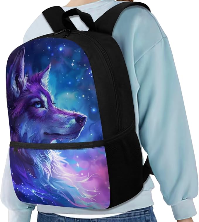 Galaxy Wolf Backpack for Girls Boys Backpack with Lunch Box Water Bottle Carrier and Pencil Pouch 4PCS Set Bookbag with Front Pocket for School 17 inch Large Capacity School Bag for Kids - Image 2