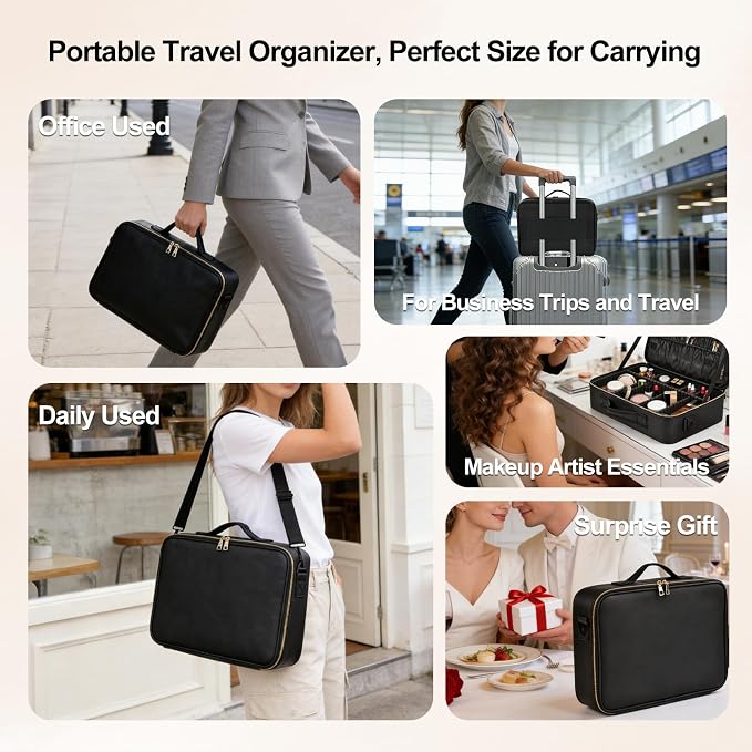 Large Travel Makeup Case, Professional Makeup Train Case Organizer, Portable Cosmetic Brush Bag Holder Waterproof Makeup Artist Storage Box with Adjustable Dividers and Shoulder Strap, Leather Black - Image 6