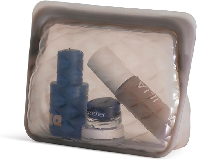 Stasher Silicone Reusable Makeup Bag, Travel Essentials, Makeup Bag Organizer, Dishwasher & Heat Safe, TSA Friendly Toiletry Bags, BPA Free, Leak-free, Eco Friendly, 28 oz, Taupe by Stasher
