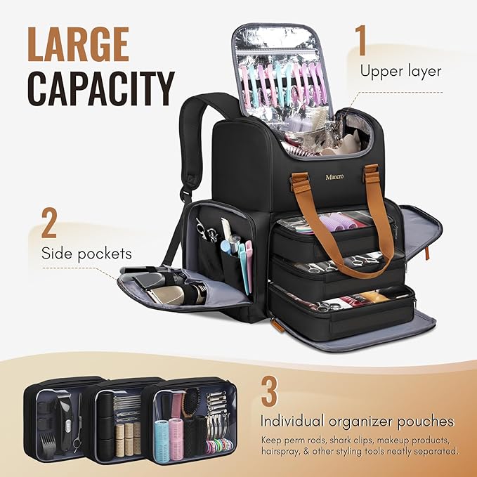Mancro 2-Layer Hairstylist Travel Bag with 3 Separate Pouches, Black | Cosmetology Bag with 2 Side Pockets, Professional Barber Bag Backpack with Adjustable Dividers for Cosmetology Supplies - Image 2