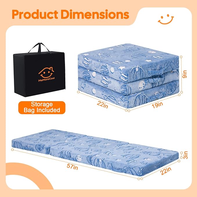 MeMoreCool Glow Space Kids Foldable Floor Mattress Trifold, 57x22 Inch Blue | Glow space trifold mattress for kids room, playroom, reading and travel - Image 3