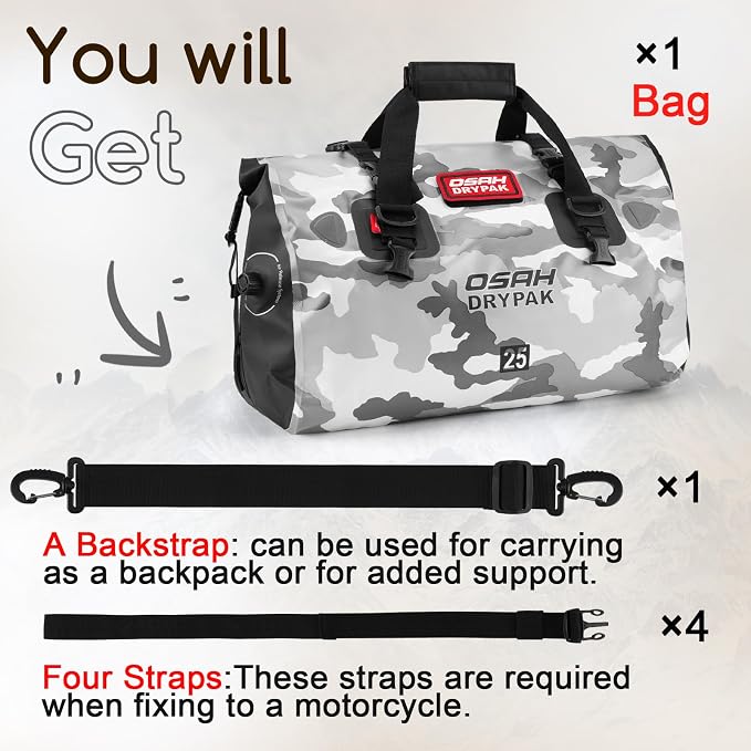 OSAH DRYPAK Waterproof Duffel Bag - Motorcycle Dry Bag Tail Bag with Large Storage Space, Waterproof Luggage Duffle Bags with Outer Mesh Zipper Pocket for Camping, Kayaking, Fishing & Traveling - Image 7