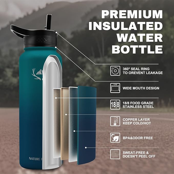 NATURE PIONEOR 40 oz Insulated Water Bottle with Carrier Bag & 3 Lids | 18/8 Food-grade Stainless Steel, Double Vacuum Insulation, 3 Leak-proof Lids, Strap, Camping, Hiking, Gym, Work - Image 2