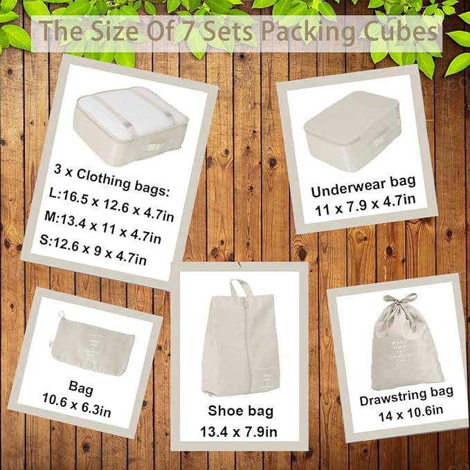 Travel organizer 7 in 1 Packing Cube For Travel Space Saver Laundry Cosmetics Luggage makeup Bag Organizers Set with Shoe Bag for travel (Beige) - Image 4