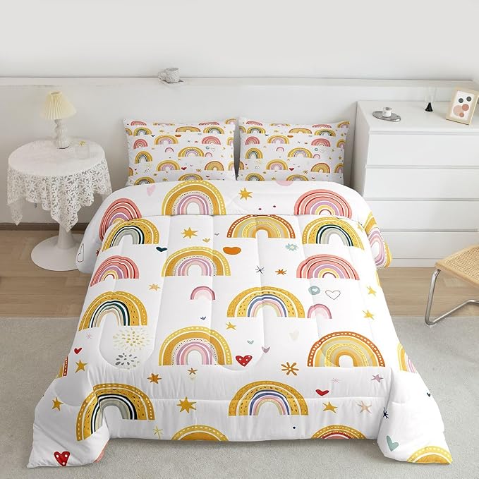 Erosebridal Girls Rainbow Comforter Set, Love Heart Bedding Set King Size for Kids Boys Children Women, Cartoon Style Stars Duvet Insert Girly Soft Microfiber Quilted Duvet for Bedroom Decor - Image 2