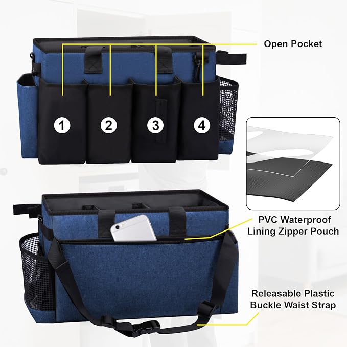 Wearable Large Cleaning Caddy Bag for Housekeeper, Clean Supply Organizer with Adjustable Shoulder, Waist & Handle Straps, Detailing Bag for Kitchen Supplies (Blue) - Image 3