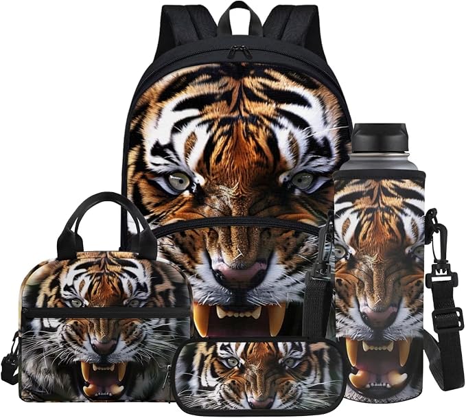 Tiger Pattern School Backpack for Boys Kids Thermal Lunch Boxes & Water Bottle Bag & Pencil Case, 4-Pieces Bookbags Set by Glomenade