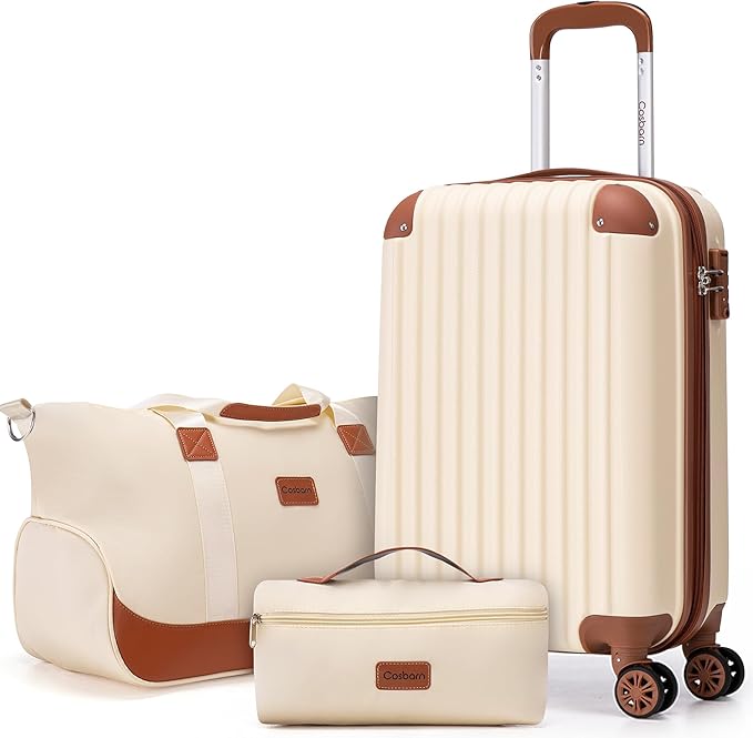 Cosbarn Carry On Luggage Sets 3 Piece, 20 Inch Luggage 22x14x9 Airline Approved with Wheels and TSA Lock, ABS Lightweight Hardshell Travel Suitcase Set with Duffel Bag Travel Bag for Men Women by Cosbarn