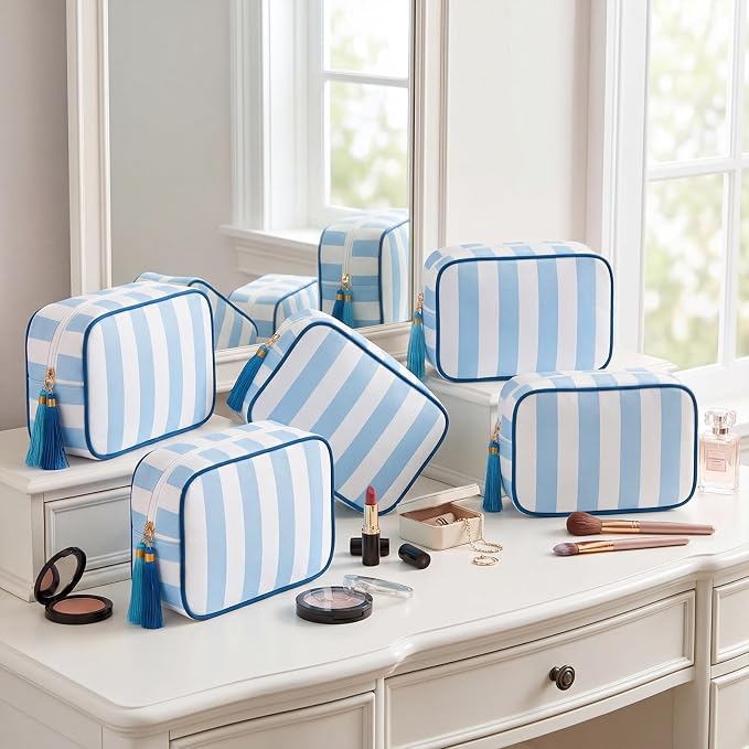 Kacctyen 6 Pack Baby Blue and White Striped Makeup Bag bulk with Tassel Travel Cosmetic Pouch Organizer Large Zipper Toiletry Case for Women Aesthetic Storage Pouch Mahjong Tile Bag - Image 8