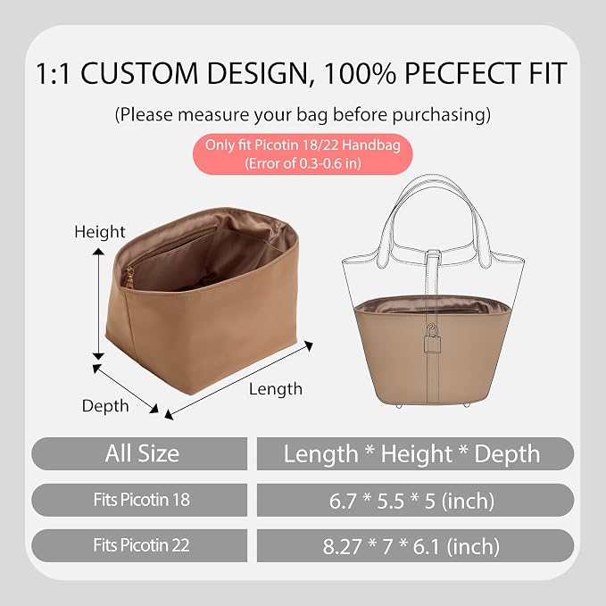 Picotin 18 Bag Insert Premium Nylon, Luxury Smooth Picotin 18 Purse Organizer Insert with Zipper Pockets, Soft Touch Inner Liner for Women's Handbags(PC18, Etoupe Grey) - Image 2