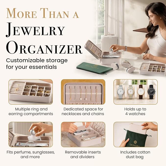 Jewelry Box for Travel – Premium Leather Jewelry Box for Women & Men with Gold-Tone Zipper Hardware, Multi-Compartment Jewelry Organizer, (Cream) - Image 4