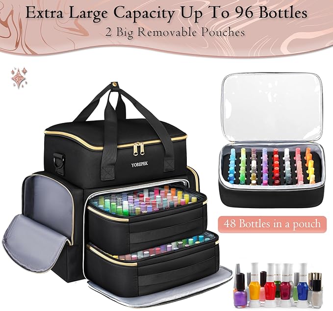 YOREPEK Extra Large Nail Polish Organizer Case for 96 to 100 Bottles (15ml) | Gel Polish Travel Case Bag with 2 Removable Pouches Fits Nail Supplies, Gel Nail Kit, UV lamp, Manicurist Nail Tech Gifts - Image 4