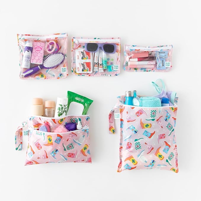 Bumkins - Waterproof Wet Bag, Wet/Dry Clutch & Clear Travel Bags - For Beach, Baby, Travel, Cloth Diapers, Pump Parts, Pool, Gym, Toiletries - Reusable & Easy to Clean - Cowgirl Boots - 5 Pack - Image 2