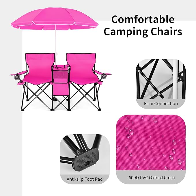 Goplus Double Camping Chair with Umbrella, Folding Loveseat Chairs w/Canopy Shade, Carrying Bag, Table, Cup Holder, Portable Beach Chairs Outdoor Picnic Patio (Pink) - Image 3