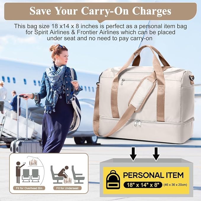 Travel Duffel Bag,Carry-On Overnight Weekender Bags with Shoes Compartment | Travel Bag with Wet Pocket & Luggage Sleeve, For Spirit Airlines 18x14x8 Personal Item Bag,Small,Beige & Brown - Image 9