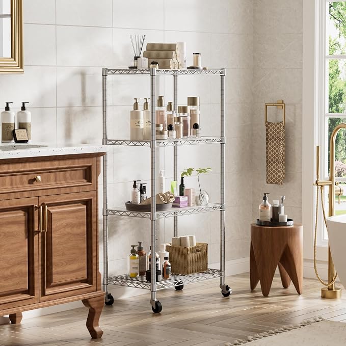 Golpart 4 Tier Shelves Storage Shelf Wire Closet Bathroom Organizers Metal Pantry Kitchen Garage Shelving Unit Laundry Room Organization Home Rack Net Basket White with Wheels 14”D X 24”W X 48.9”H - Image 8
