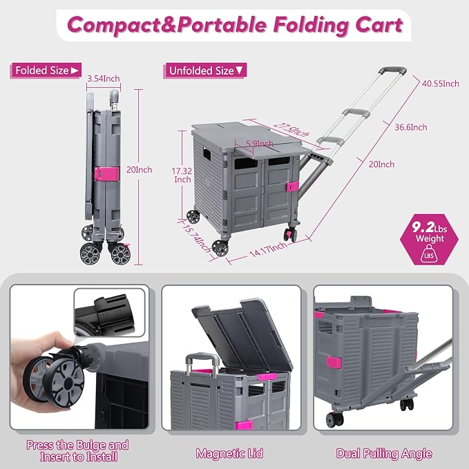 FELICON SELORSS Folding Utility Cart Portable Rolling Crate Handcart-Gray | Adjustable Handle+Extended Magnetic Lid,Storage Basket Box,4 Swivel Wheels Tote for Teacher Move Shop Travel Grocery Office - Image 6