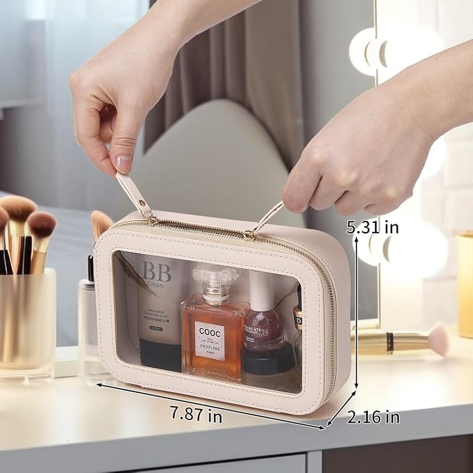 Clear Makeup Bag Small Cosmetic & Toiletry Bag Waterproof Travel Case Women's Pouch Organizer Makeup Bag for Car with Zipper Women (Beige, Small) - Image 6