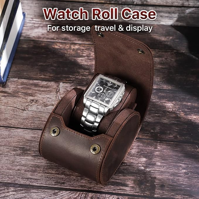 Hiram Leather Watch Roll Travel Case,Vintage Crazy Horse Leather 1-Slots Watch Box with Removable Velvet Pillows, Secure Metal Clasp, Perfect for Daily Display & Business Travel - Image 2