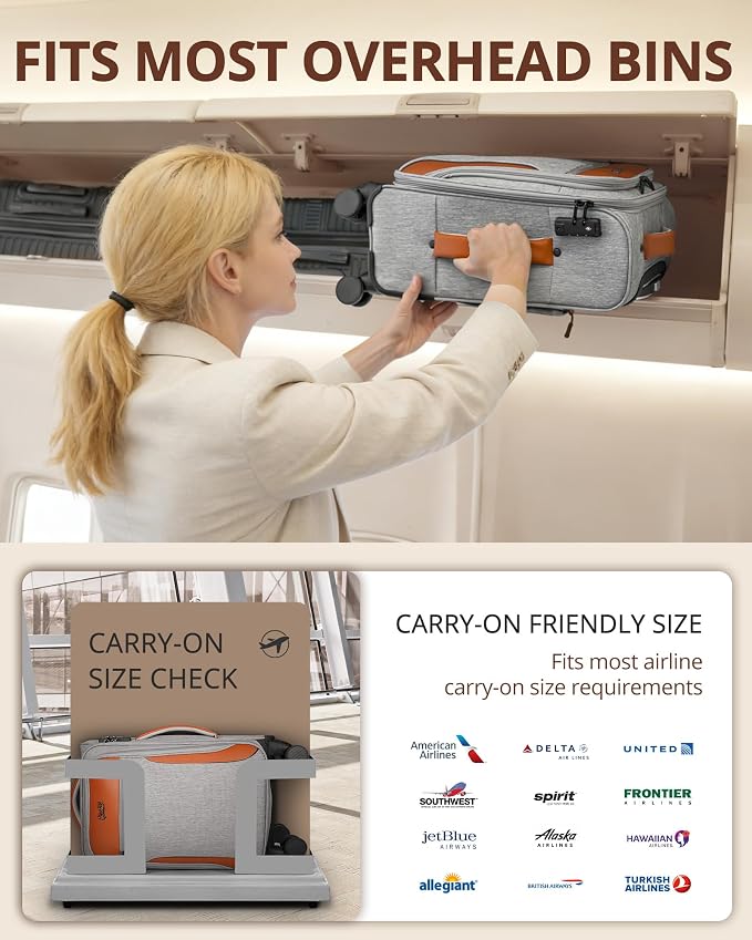 Carry On Luggage 22x14x9 Airline Approved, 20 Inch Softside Suitcase with 4 Pcs, Lightweight Luggage for Women Men with TSA Lock and 4 Spinner Wheels, Soft Side Carry-on Suitcases for Travel, Grey - Image 3