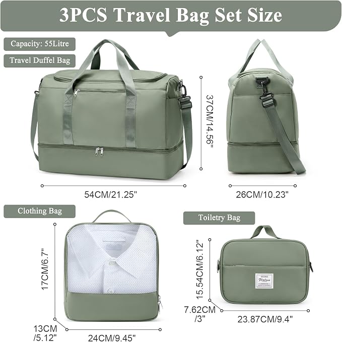 Extra Large Travel Duffle Bag, Carry-On Weekender Bags for Women Travel | Overnight Weekend Bag with Shoes Compartment for Travel Business Trips Sport Hospital,3 Pcs Set,Olive Green - Image 2