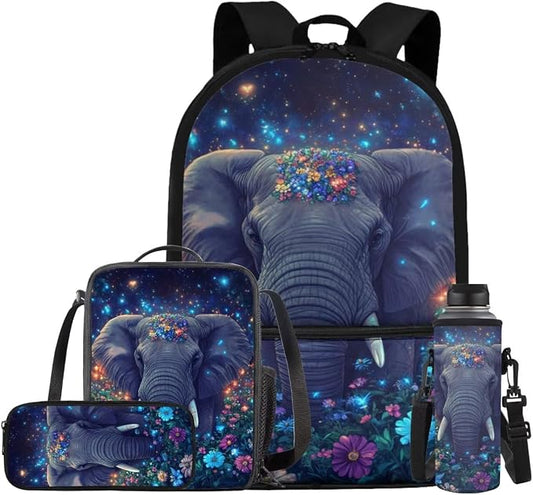 Aesthetic Elephant Backpack for Kids Girls Backpack with Lunch Box Water Bottle Holder and Large Pencil Case 4PCS Set Bookbag with Front Pocket 17 inch Lightweight School Bag with Side Pocket by ELEDIZI