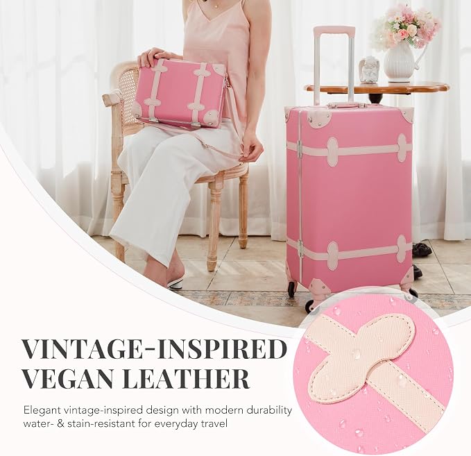 urecity 20" Bubblegum Pink Vintage Luggage Set 2 Piece, Aluminum Frame Retro Suitcase for Women, Vegan Leather Carry On Trunk with Cosmetic Case, TSA Approved (Include Clear Cover) - Image 9