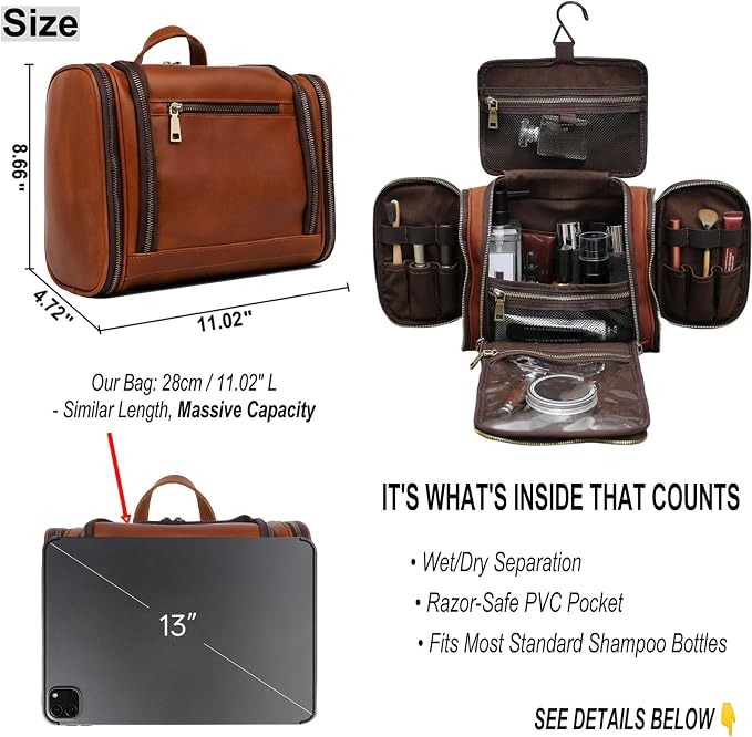EURYNOME Leather Toiletry Bag For Men Women,Full Grain Leather Toiletries Organizer,Travel Hanging Toiletry Bag Large Water-resistant Bathroom Shaving Kit for Cosmetics, Makeup Case Travel Dopp Kit - Image 2