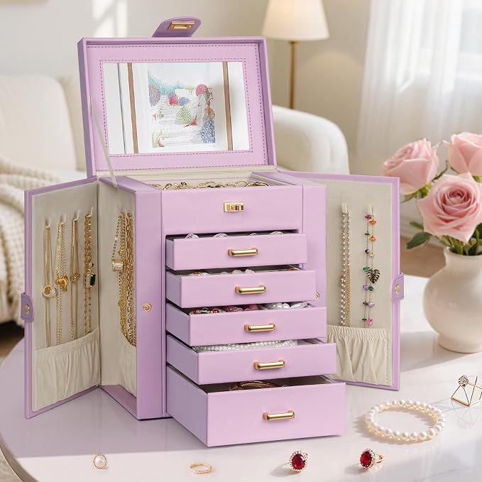 AKOZLIN 6-Tier Jewelry Box Organizer Functional 5 Drawers Leather Jewelry Storage Case for Women Girls Ring Necklace Earring Bracelet Holder Organizer with Mirror Light Purple Regular - Image 8