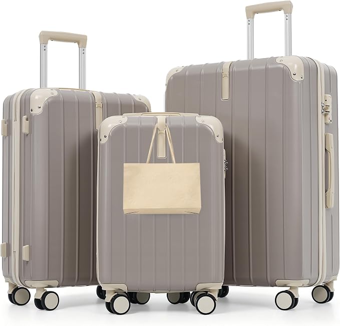 Hardshell Luggage Sets, Lightweight Stripes Suitcases with Spinner Wheels, Light Grey by Merax