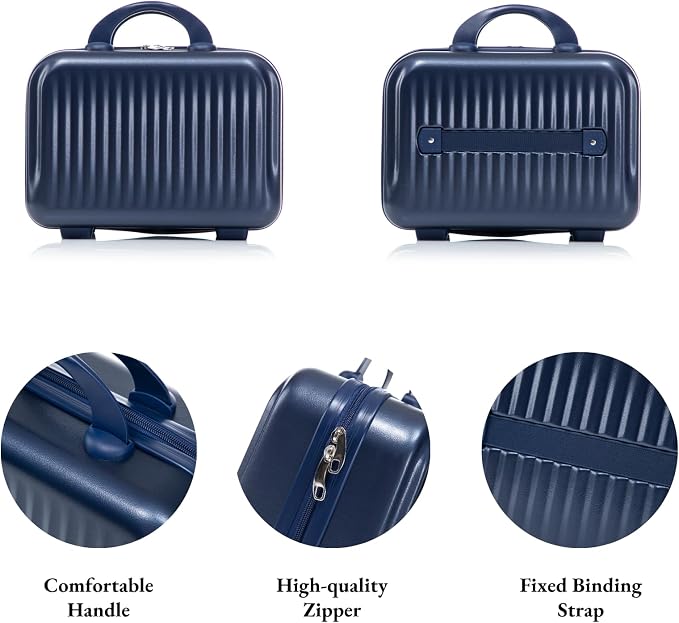2 Pcs ABS Spinner Luggage Set - 14" Cosmetic Case & 20" Carry-On with Combination Lock, Front Opening Design, Navy Blue - Image 6