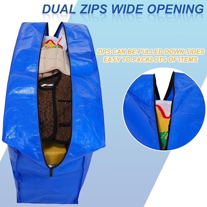 Windyun 4 Pack 98 Gallon Extra Large Moving Bags XXL Heavy Duty Storage Bag with Strong Zipper Handle Jumbo Big Tote Box Foldable for College Dorm Travel Clothes Duffle Blanket Pillow(Blue) - Image 3