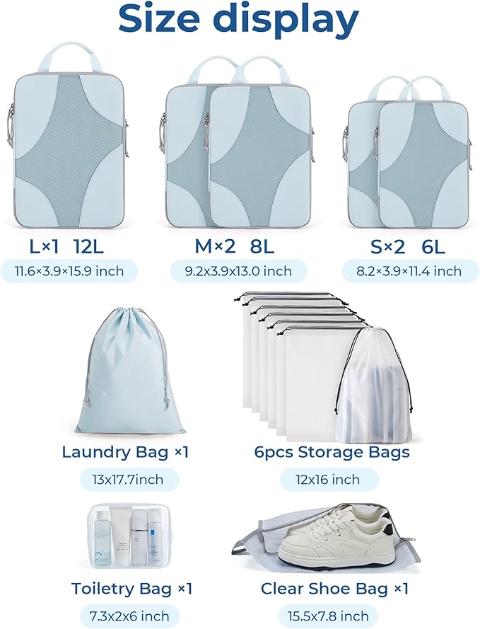 Bagsmart Compression Packing Cubes, Travel Bag Cruise Ship Essentials | Lightweight, Compressible Suitcase Organizer Set fit Standard Carry-On & Checked Luggage, 6 Set, 14 Set Washable Packing Bags - Image 3