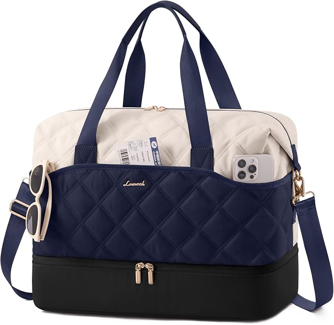 LOVEVOOK Weekender Bags for Women with Shoe Compartment, Lightweight Travel Duffle Bag, Hospital Overnight Bags, Personal Item Carry On Bag for Gym (White - Blue, 35L - Medium) by LOVEVOOK