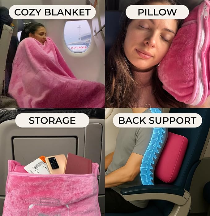 FlyHugz Pink Travel Blanket & Pillow Set (59.1"x47.2") with Carry Case, Luggage Sleeve & Clip – Portable, Lightweight, Breathable & Washable – Perfect for Plane, Car, Camping & Travel - Image 4