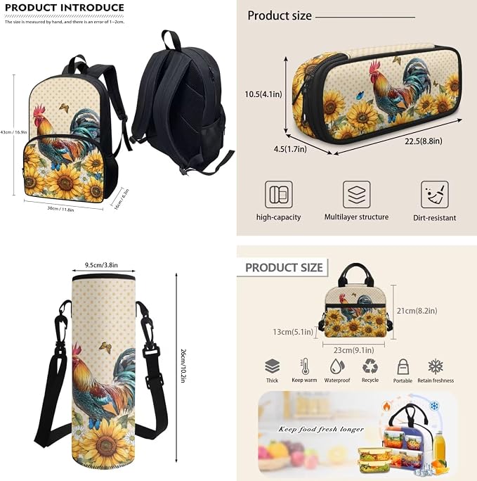 4 Pcs Sunflower Chicken Print Kids Backpack Girls Flower Butterfly Rooster Schoolbag with Insulated Lunchbag Crossbody Water Holder Case Pencil Box,Preschool Students Bookbag Set for School - Image 3