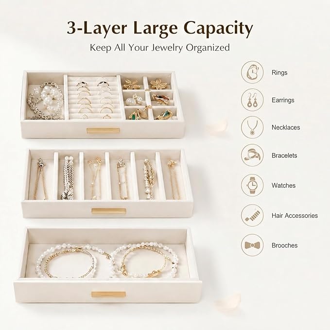 GUOER Jewelry Box for Women, Glass Lid Jewelry Organizer with 3 Drawers PU Jewelry Storage Case for Necklaces Rings Earrings Bracelets, Mother's Day, White - Image 5