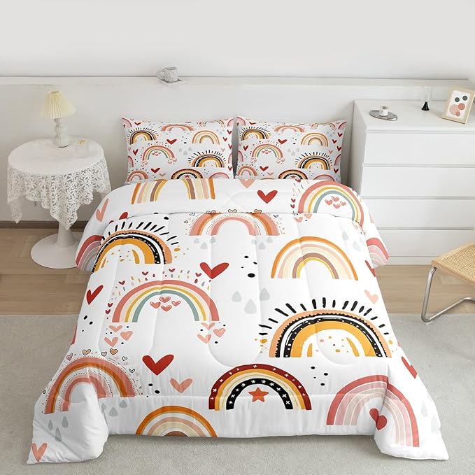 Rainbow Comforter Set King For Girls, Red Love Heart Kawaii Bedding Set Bohemian Exotic Quilt Hand Drawn Iridescent Down Comforter For Kids Boys Children Teens Women Bedroom Decor, Colorful - Image 3