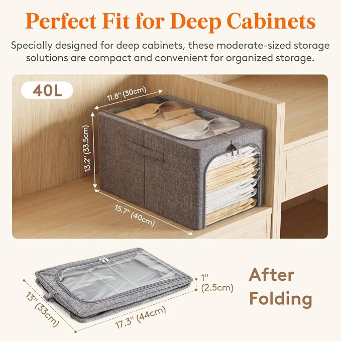Lifewit Clothes Storage Bins with Metal Frame 6 Pack, Fabric Stackable Storage Bags with Lids, Zipper, Foldable Clost Organizers Containers for Clothing, Blanket, Winter Cloth, 40L - Image 4