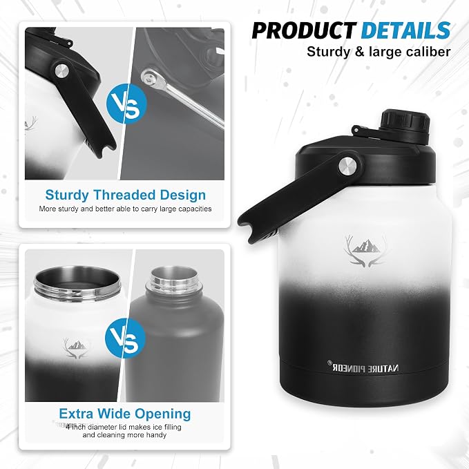 NATURE PIONEOR 84 oz Insulated Water Bottle Jug with Carrier Bag | 18/8 Food-grade Stainless Steel, Double Vacuum Insulation, Wide-Mouth, Straw & Spout Lid, Strap, Camping, Hiking, Gym, Work - Image 5