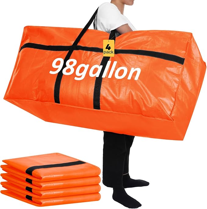 Windyun 4 Pack 98 Gallon Extra Large Moving Bags XXL Heavy Duty Storage Bag with Strong Zipper Handle Jumbo Big Tote Box Foldable for College Dorm Travel Clothes Duffle Blanket Pillow(Orange) - Image 2
