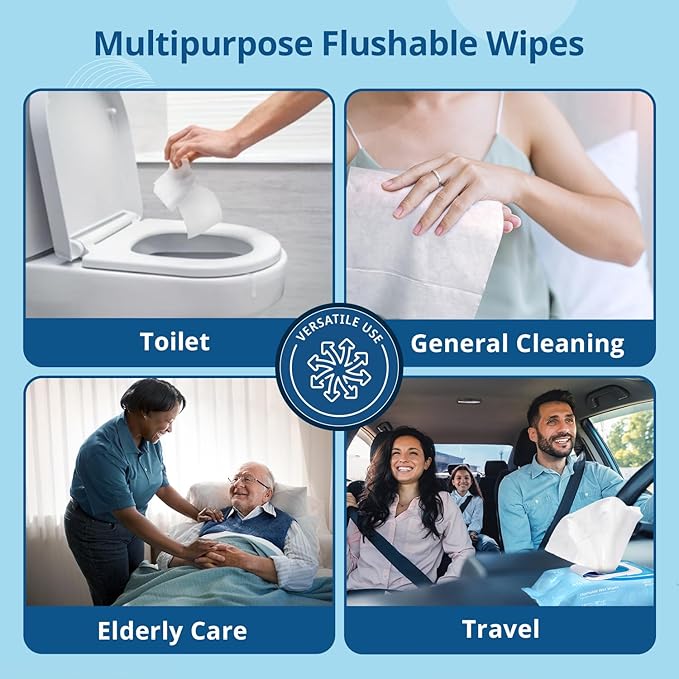 WhyWorry Flushable Wipes for Adults, Extra Large 8"x10" Butt Wipes for Personal Hygiene & Cleansing, Chamomile and Vitamin E, 100% Plant-Based, Septic & Sewer Safe, Sea Incense, 384 Count (8 Packs)