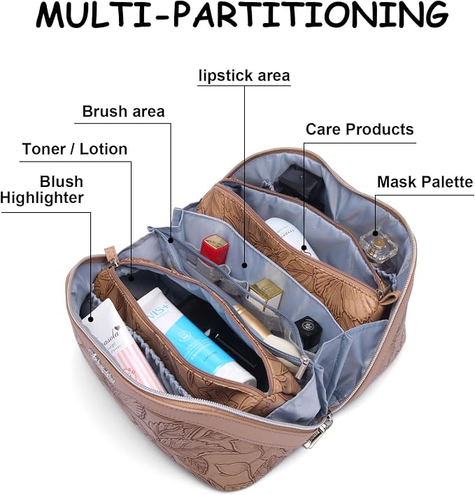 BOYATU Travel Makeup Bags Cosmetic Organizer Bag: 3-Set Large Capacity Make up Bag - PU Leather Toiletry Bags for Women - Wide Open Portable Pouch with Divider & Handle (01-Z-Brown) - Image 6