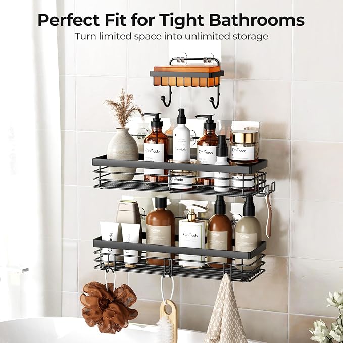 Orimade Adhesive Shower Caddy Soap Dish Holder Shelf with 5 Hooks Bathroom Organizer Basket Kitchen Storage Rack Wall Mounted No Drilling Stainless Steel - 3 Pack, Black - Image 9