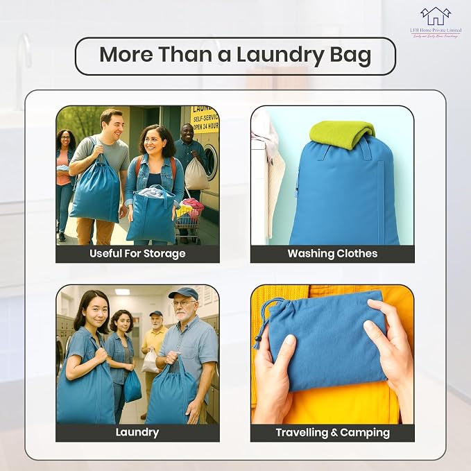 LFH Home Cotton Rich Canvas Large Laundry Bag with Handle, Heavy Duty Drawstring Closure Washable Laundry Bags, School Travel, Home, Hotel, College Dorm, Organizer Sack, Toys Clothes 20x30-Sky Blue - Image 4